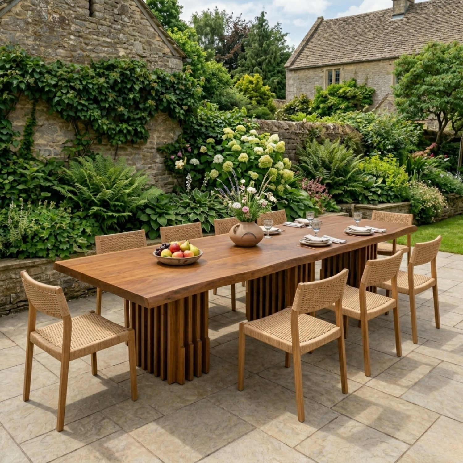 Solid Wood Outdoor Dining Table Live Edge Top with Fluted Multi-Pedestal Base