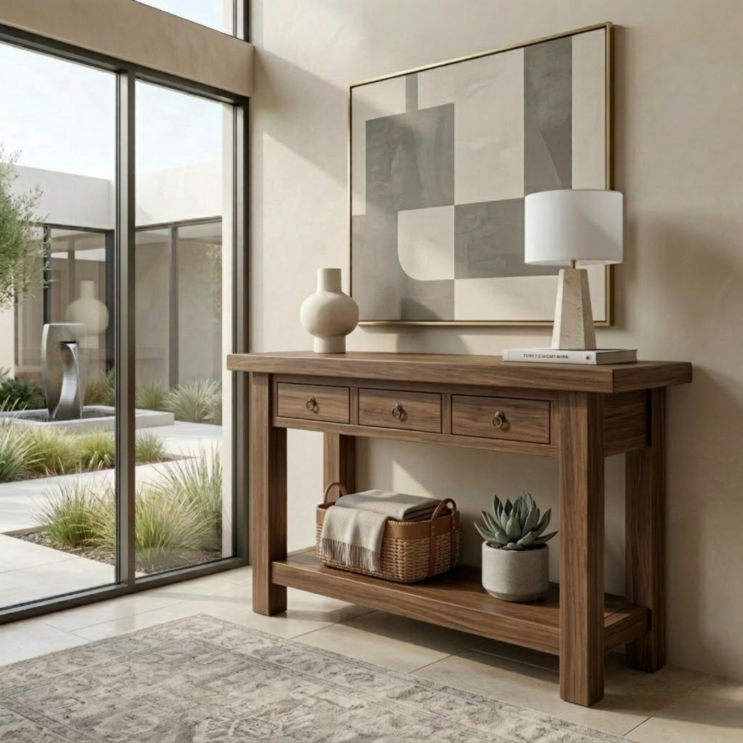 Solid Wood Console Table with Drawers and Shelf – Rustic Farmhouse Entryway Table