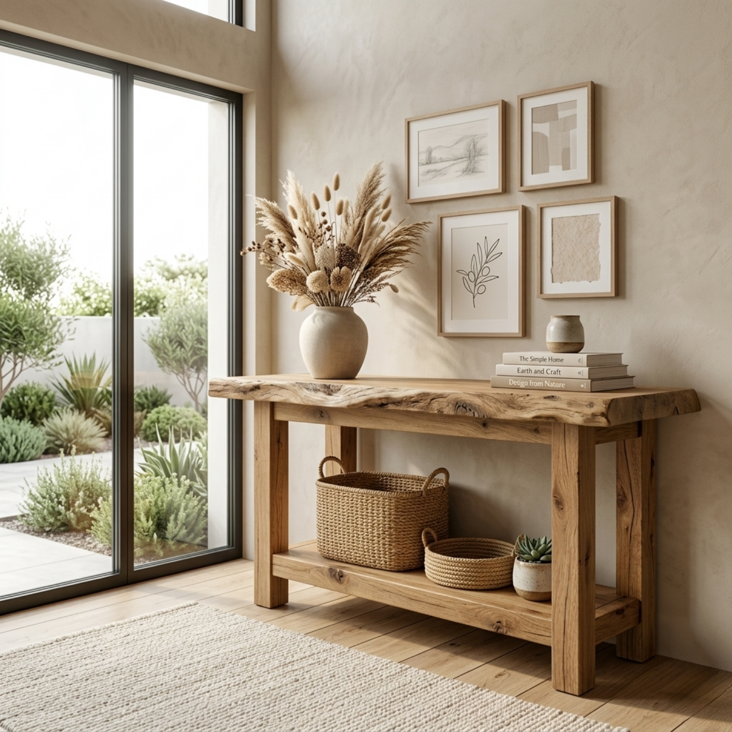 Live Edge Solid Wood Console Table with Shelf – Rustic Natural Entryway Table
