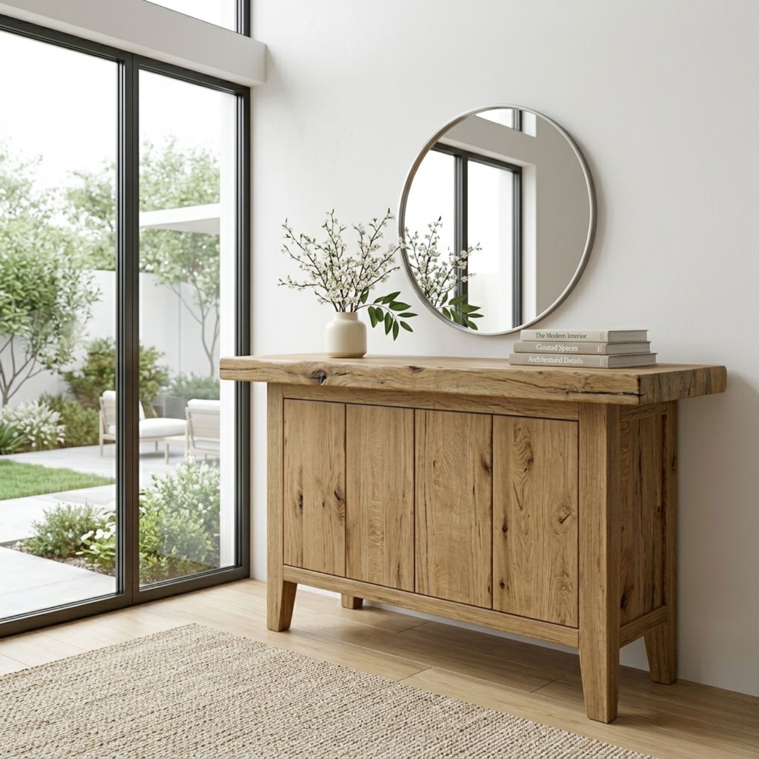 Solid Wood Console Table with Cabinet Storage – Modern Rustic Entryway Sideboard