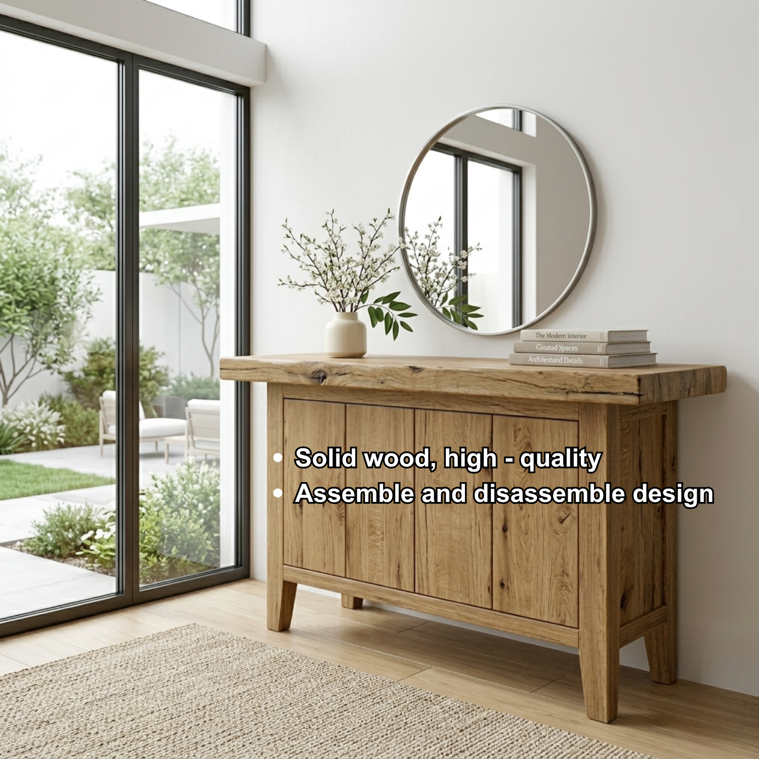 Solid Wood Console Table with Cabinet Storage – Modern Rustic Entryway Sideboard