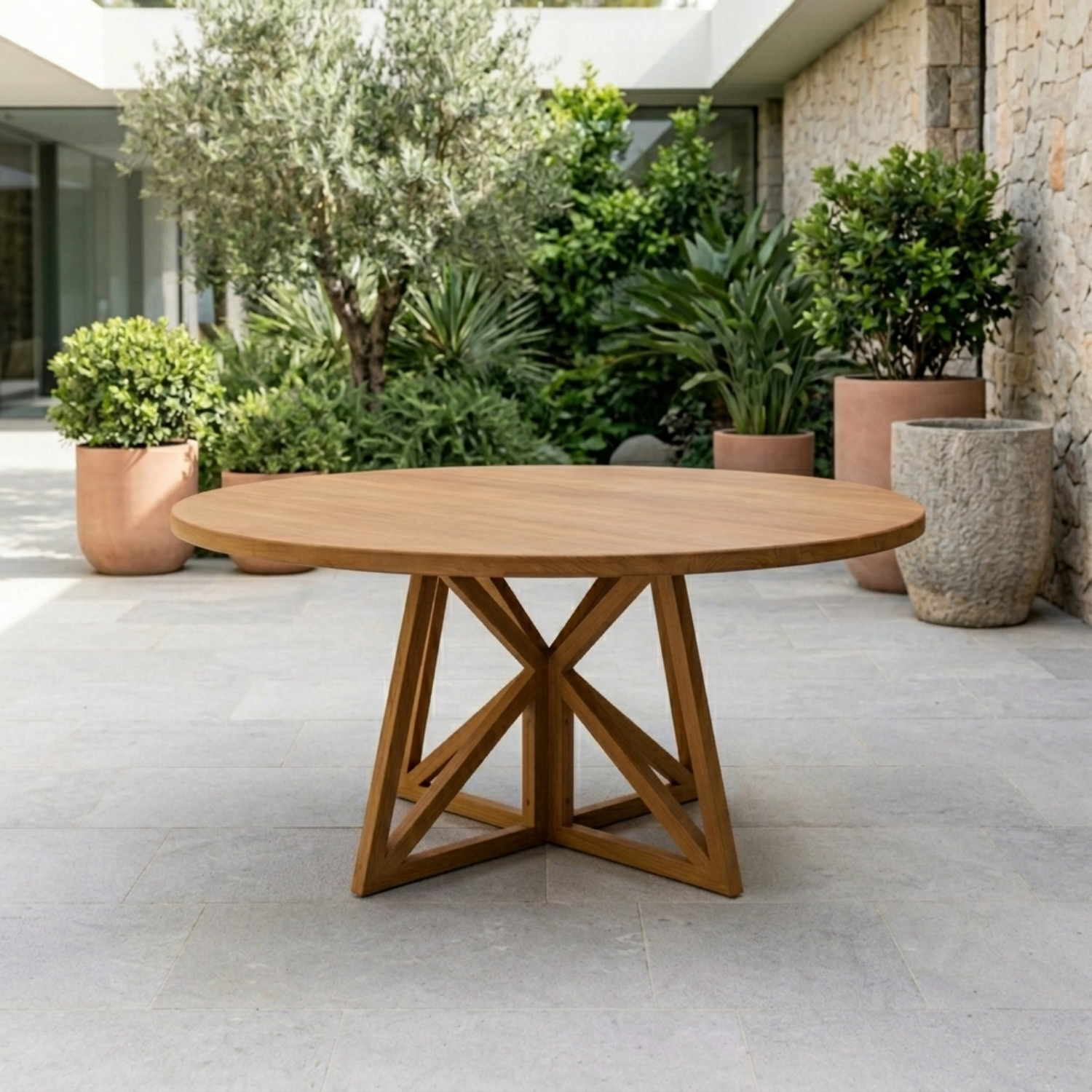 Round Solid Wood Outdoor Dining Table with Geometric Cross Pedestal Base