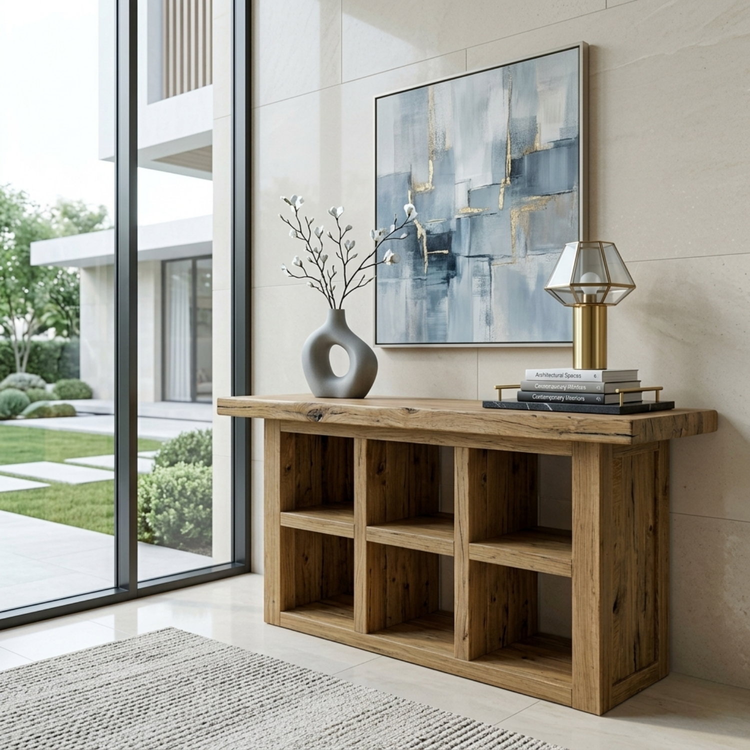 Solid Wood Console Table with Open Cubby Storage – Rustic Modern Entryway Table