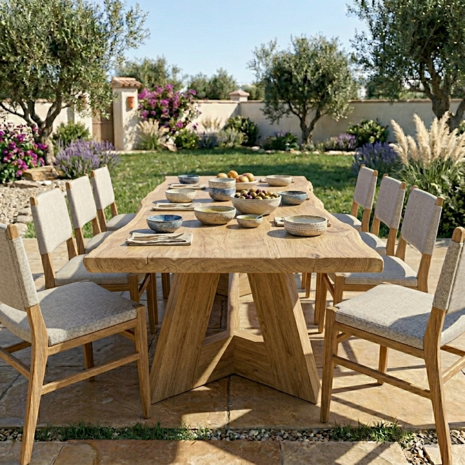 Rectangular Solid Wood Outdoor Dining Table with Geometric Pedestal Base