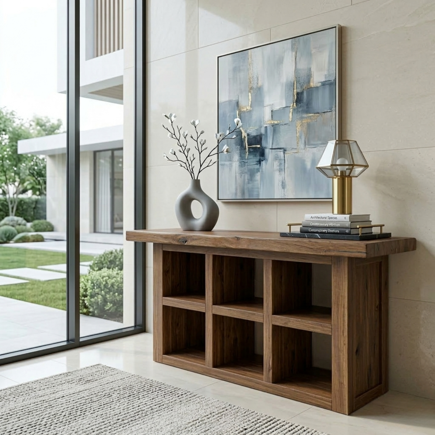 Solid Wood Console Table with Open Cubby Storage – Rustic Modern Entryway Table