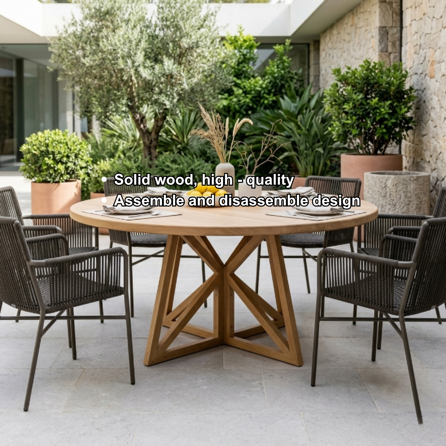 Round Solid Wood Outdoor Dining Table with Geometric Cross Pedestal Base