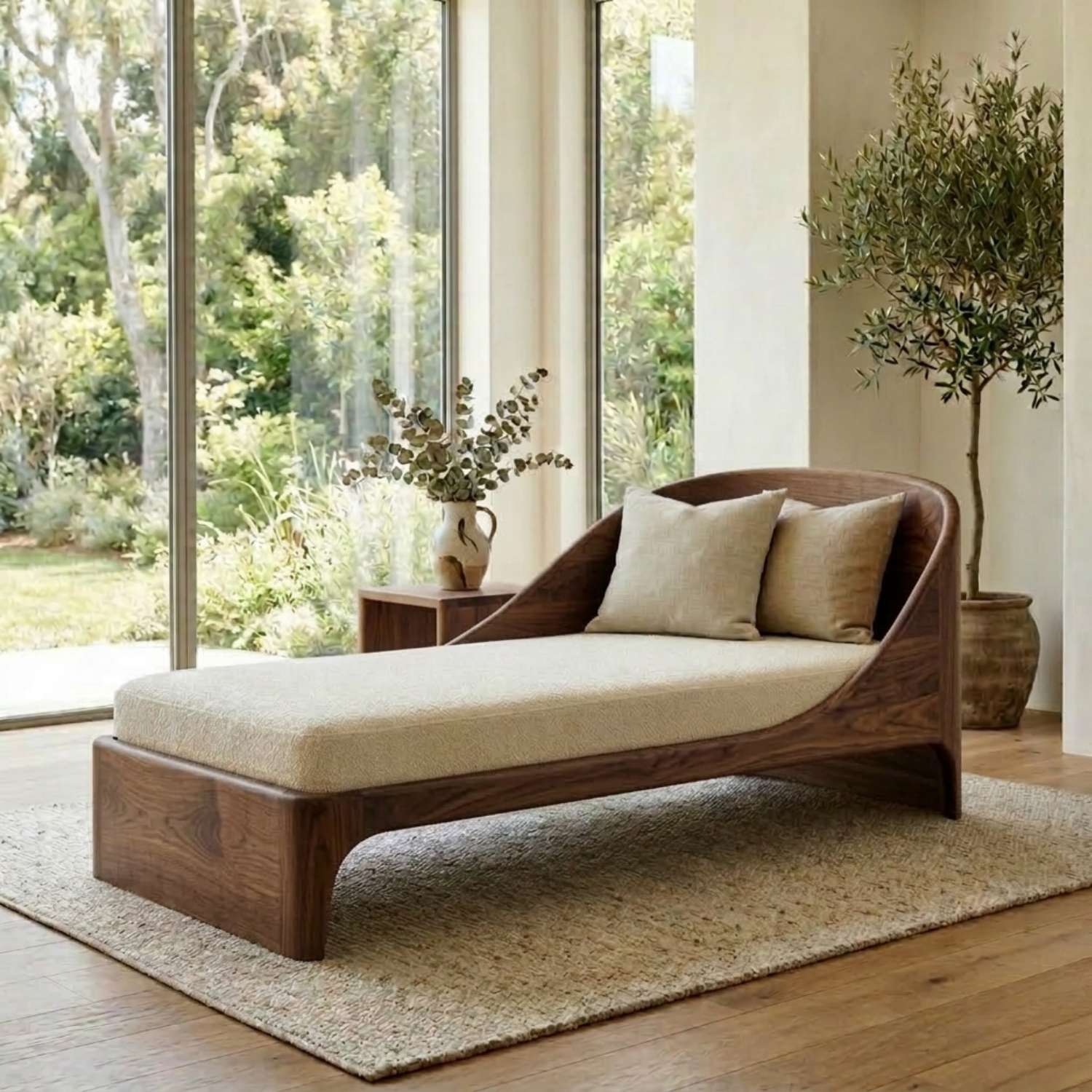 Curved Solid Wood Daybed with Sculpted Backrest – Modern Wooden Lounge Chaise