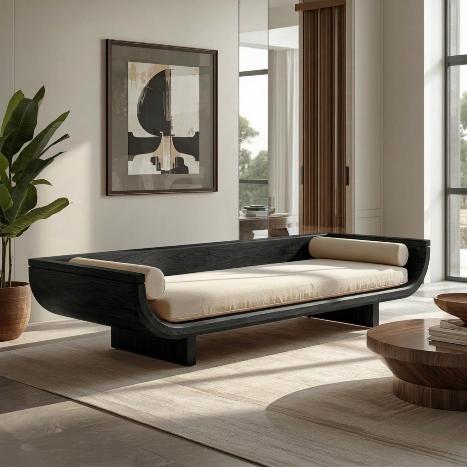 Contemporary Solid Wood Daybed with Curved Backrest and Cushioned Seat