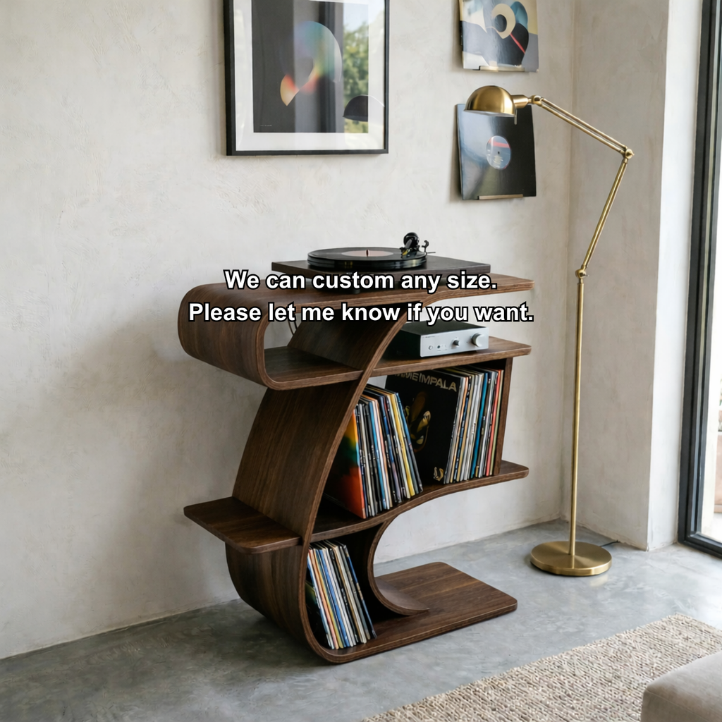 S-Curve Solid Wood Record Player Stand with Vinyl Storage Shelves