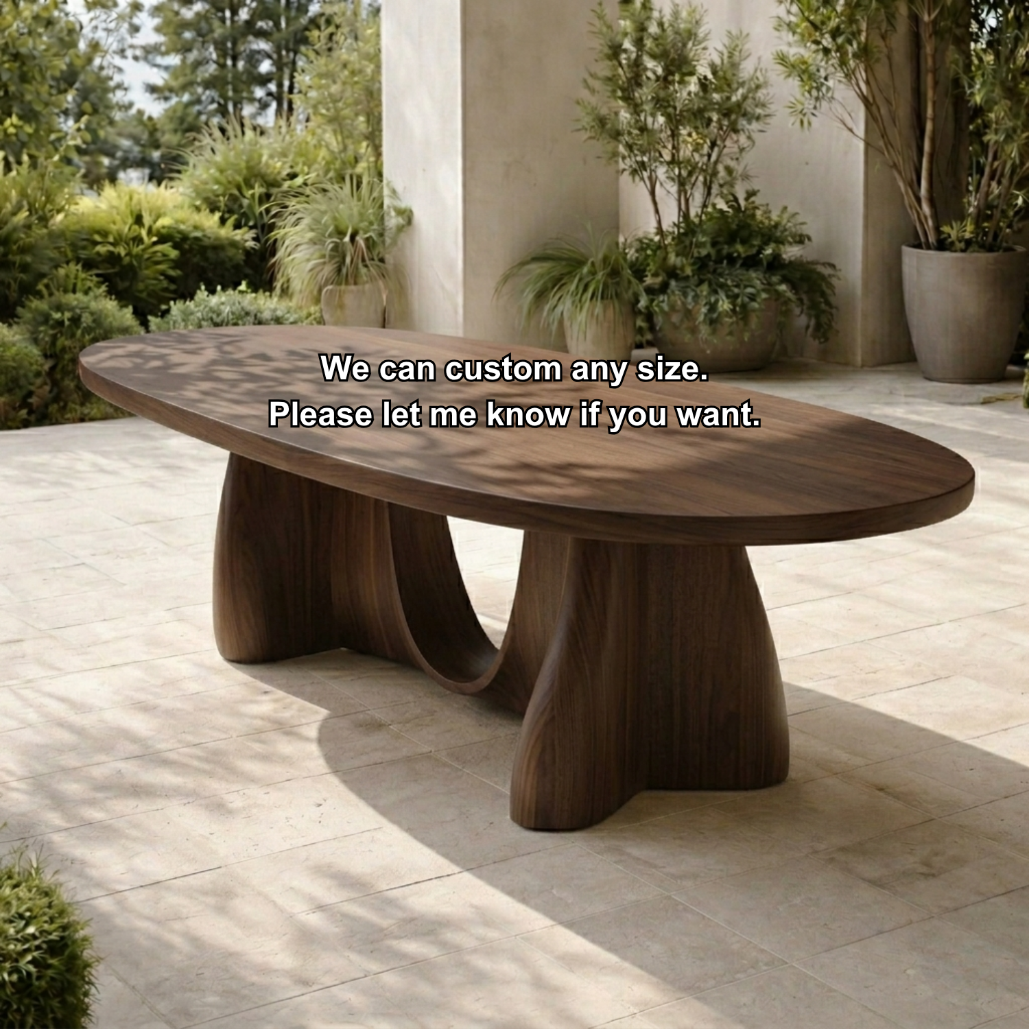 Oval Solid Wood Outdoor Dining Table with Sculptural Curved Pedestal Base