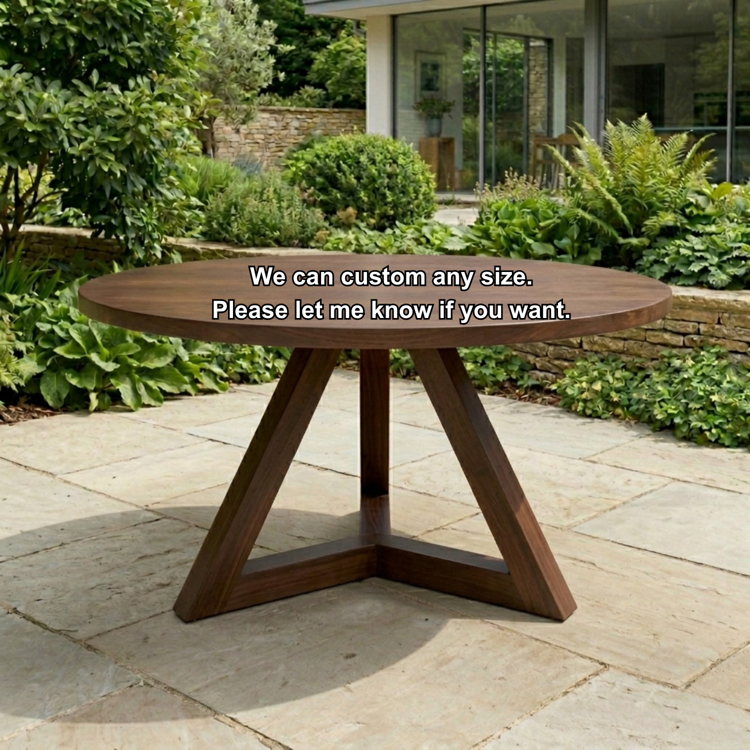 Round Solid Wood Outdoor Dining Table with Angular Cross Pedestal Base
