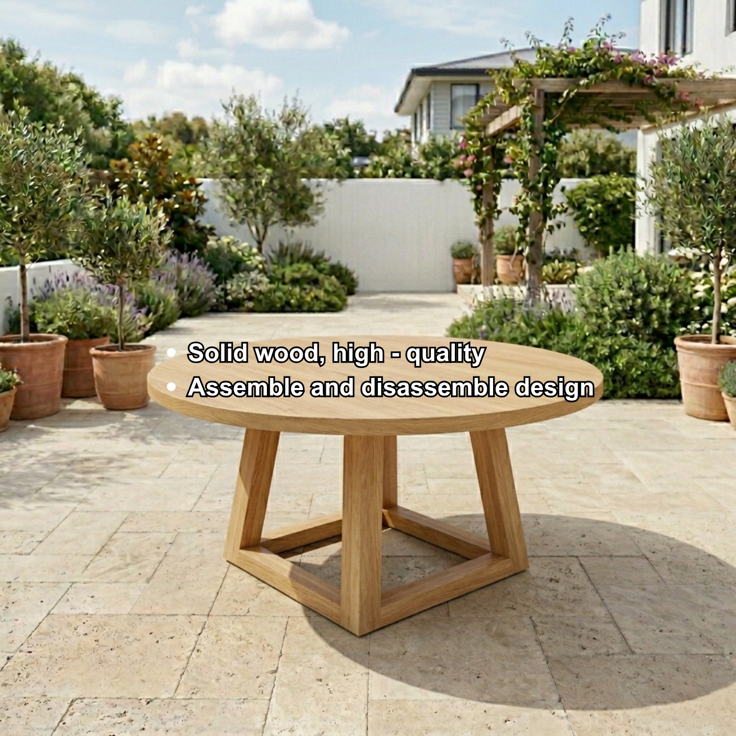 Round Solid Wood Outdoor Dining Table with Geometric Cross Pedestal Base