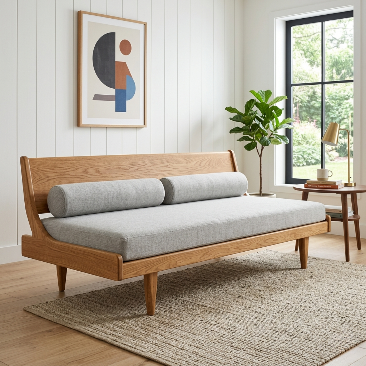 Mid-Century Solid Wood Daybed with Angled Backrest and Tapered Legs – Modern Lounge Sofa