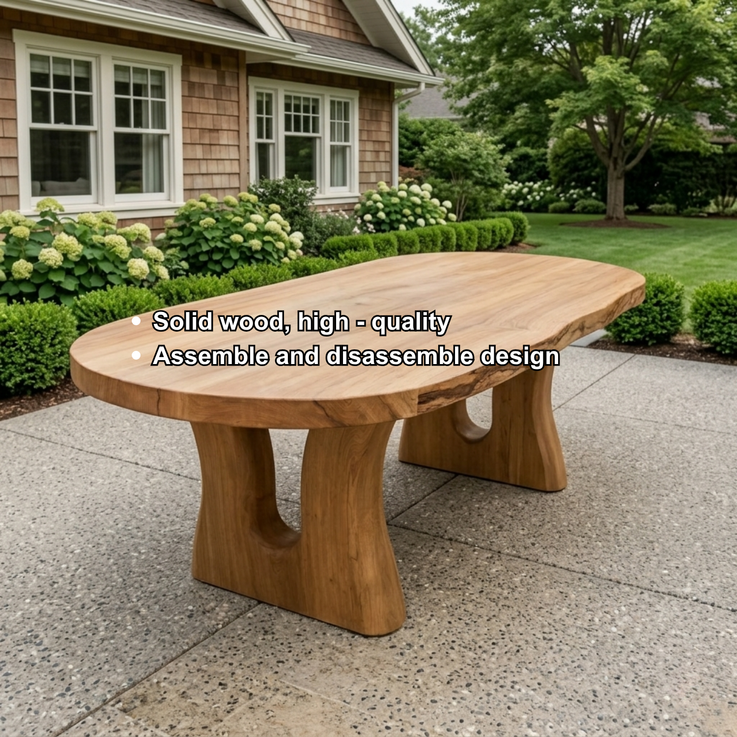 Live Edge Solid Wood Outdoor Dining Table with Sculpted Double Arch Base