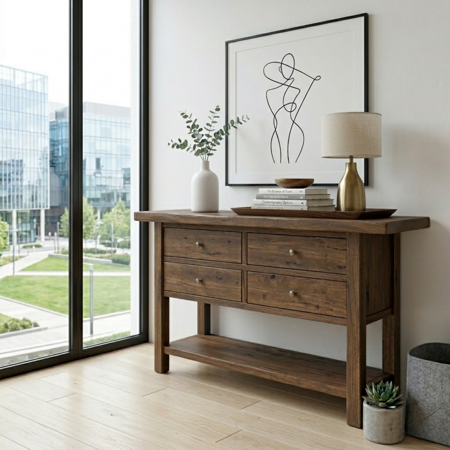 Solid Wood Console Table with 4 Drawers and Shelf – Rustic Entryway Storage Table