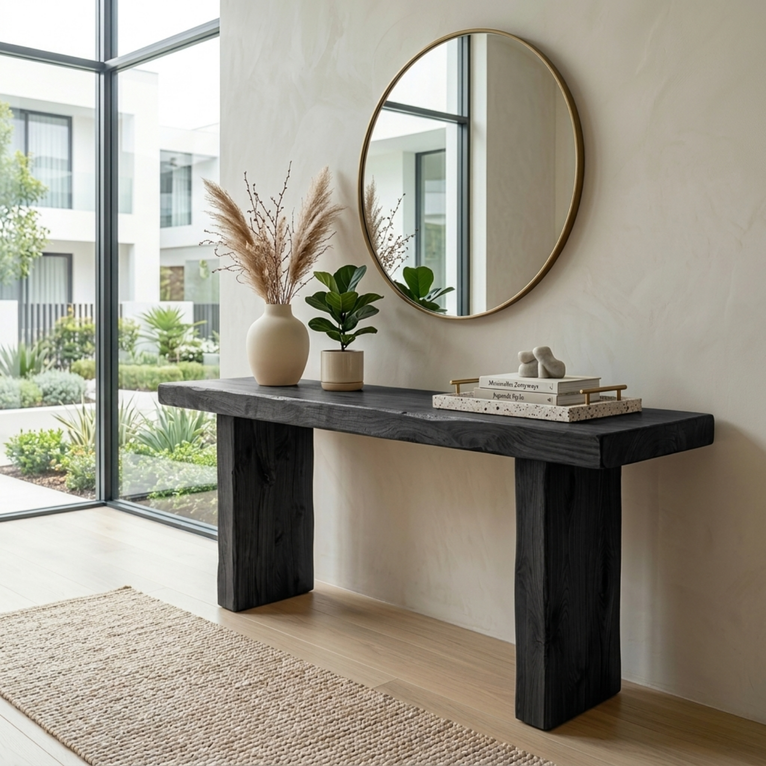 Minimal Solid Wood Console Table with Thick Block Legs – Modern Rustic Entryway Table
