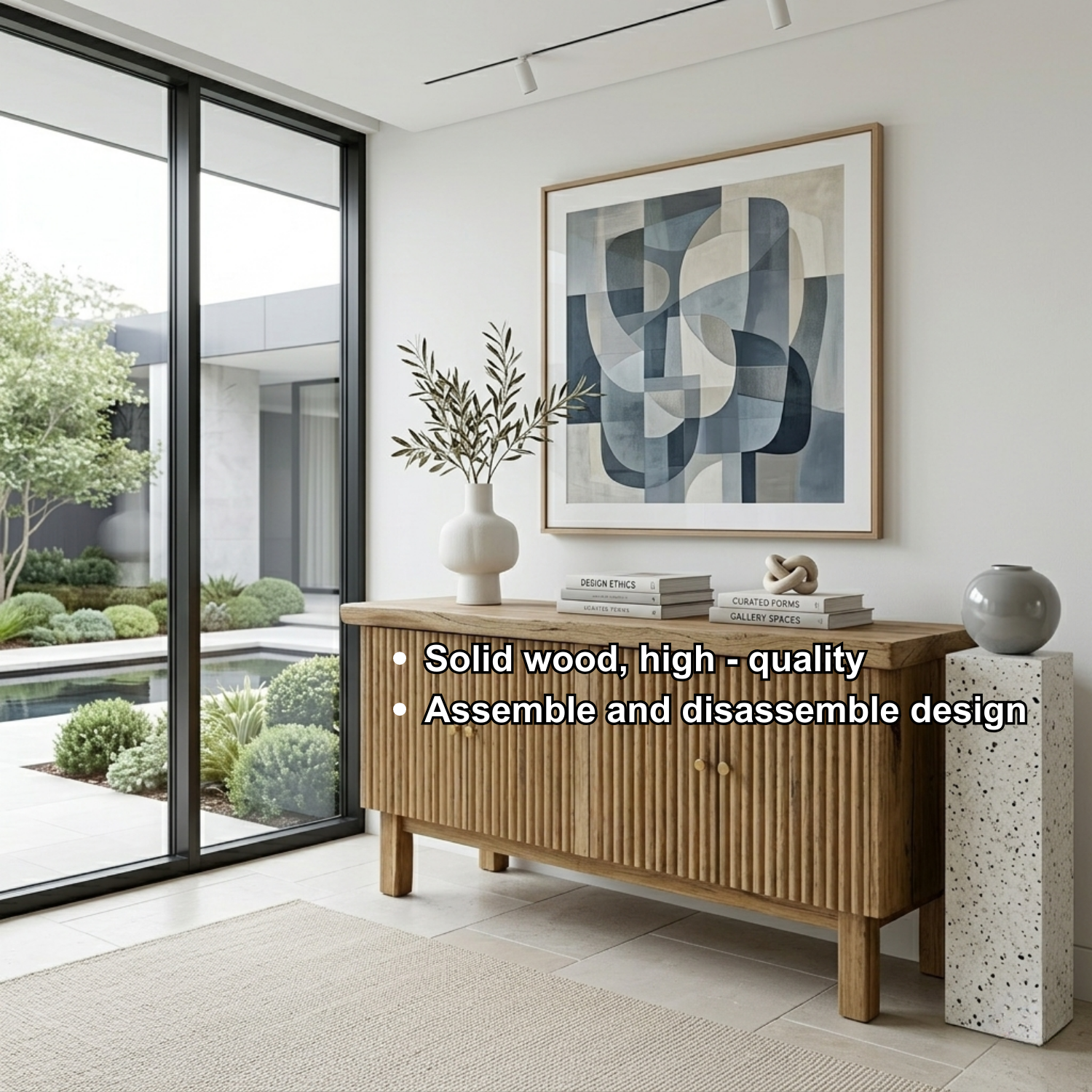 Fluted Solid Wood Console Table with Cabinet – Modern Slatted Entryway Sideboard