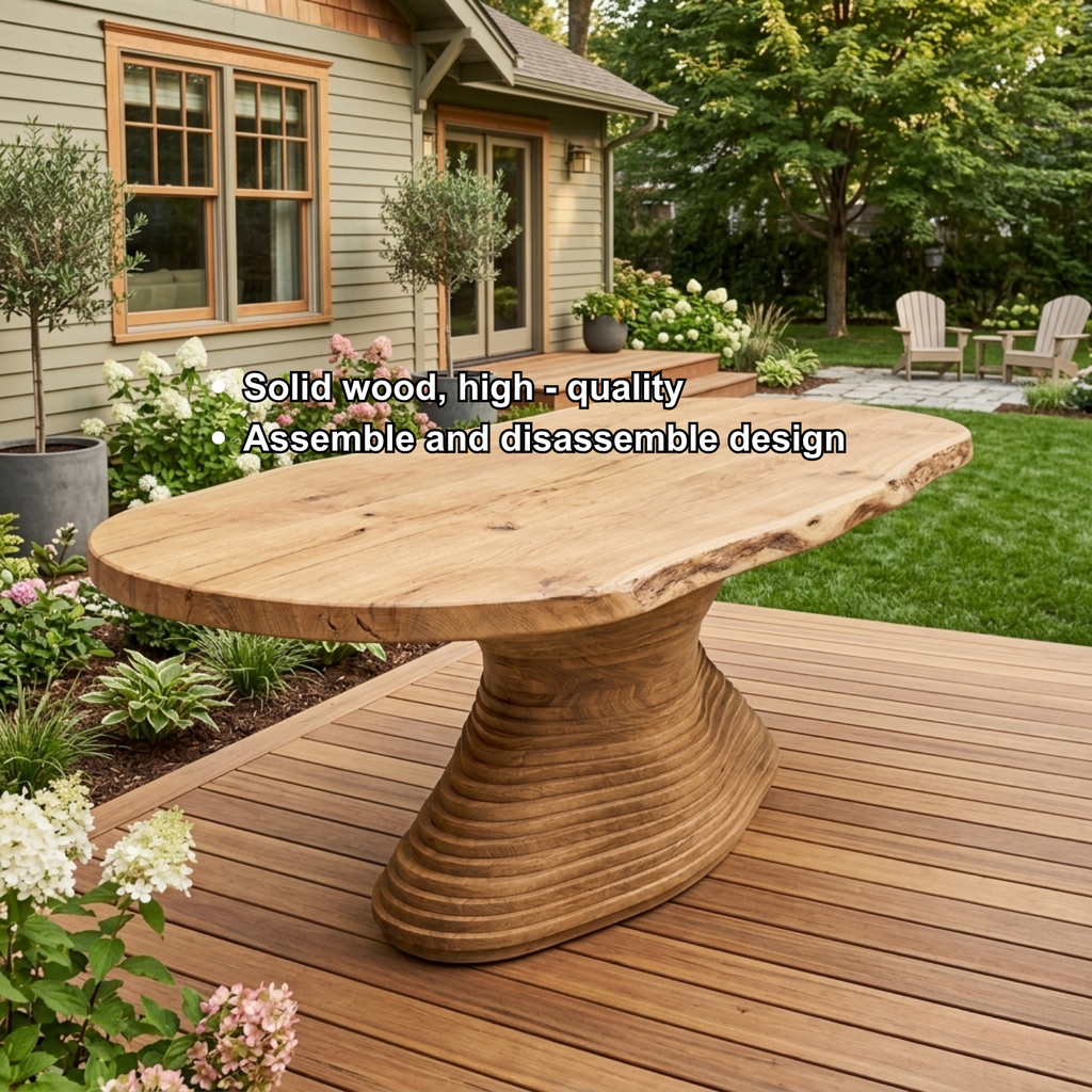 Live Edge Solid Wood Outdoor Dining Table with Sculptural Spiral Pedestal Base