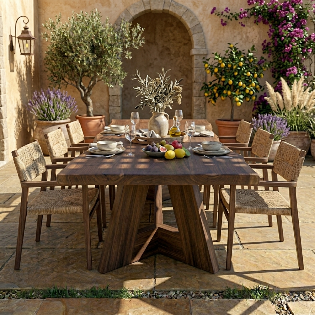Rectangular Solid Wood Outdoor Dining Table with Geometric Pedestal Base