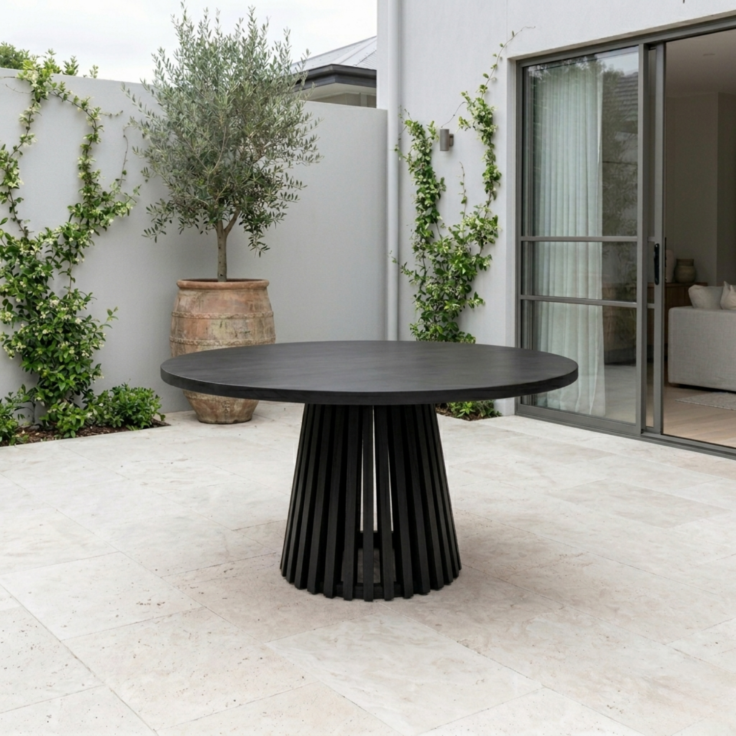 Round Solid Wood Outdoor Dining Table with Slatted Pedestal Base