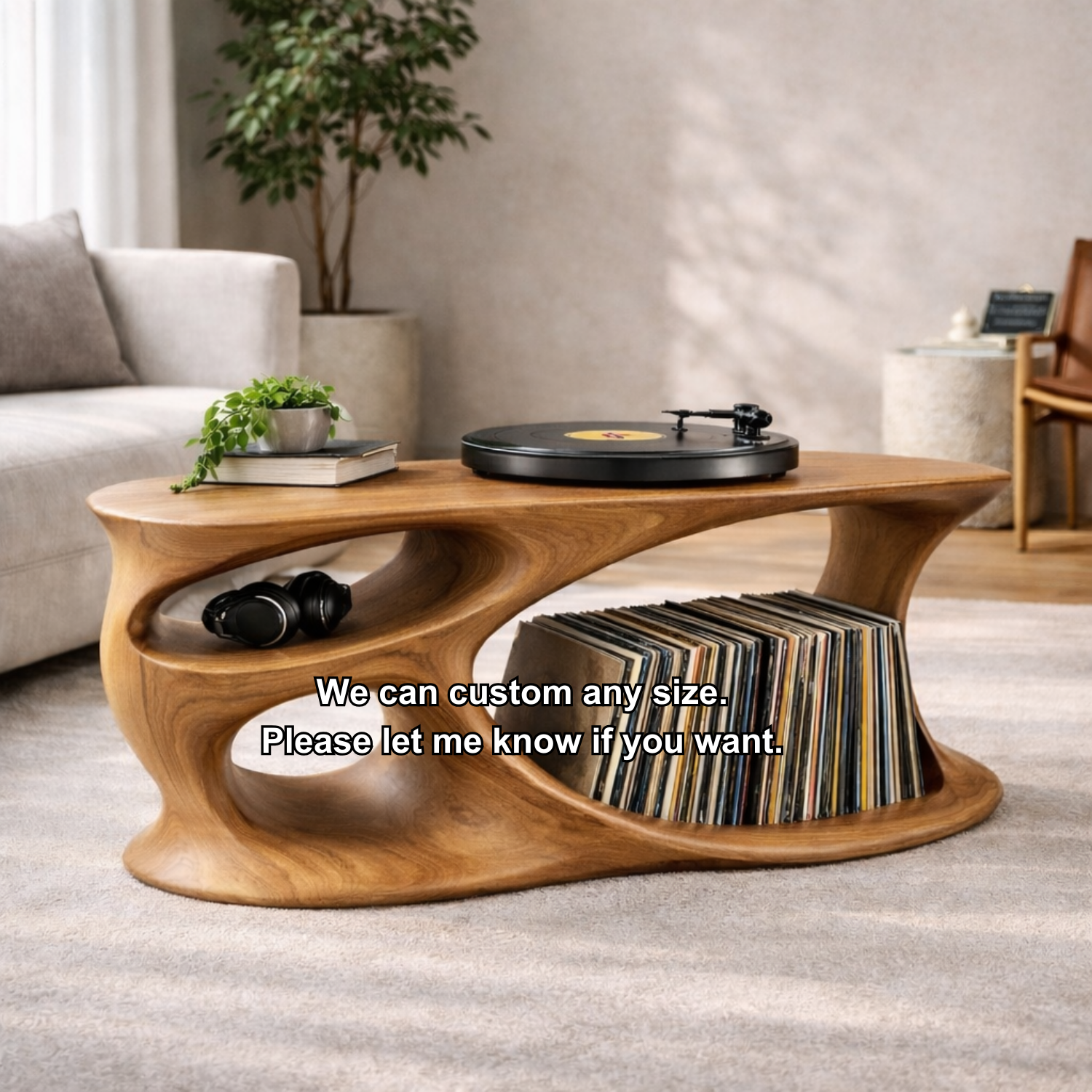 Solid Wood Record Player Stand with Organic Curved Base and Vinyl Record Storage