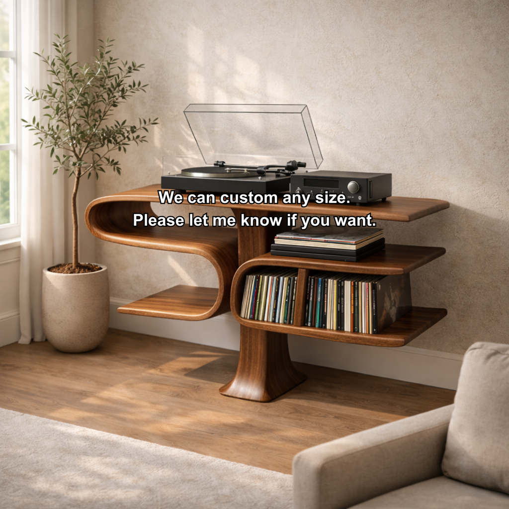 Cantilever Solid Wood Record Player Stand with Floating Vinyl Storage Shelves