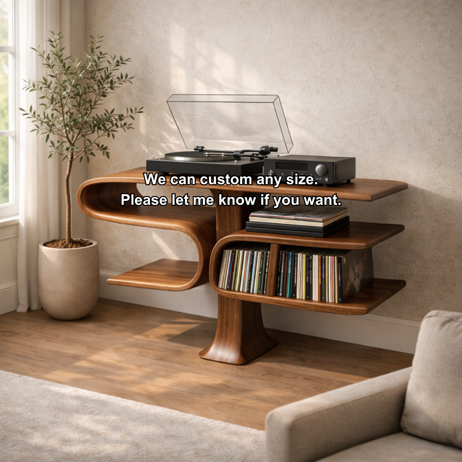 Cantilever Solid Wood Record Player Stand with Floating Vinyl Storage Shelves