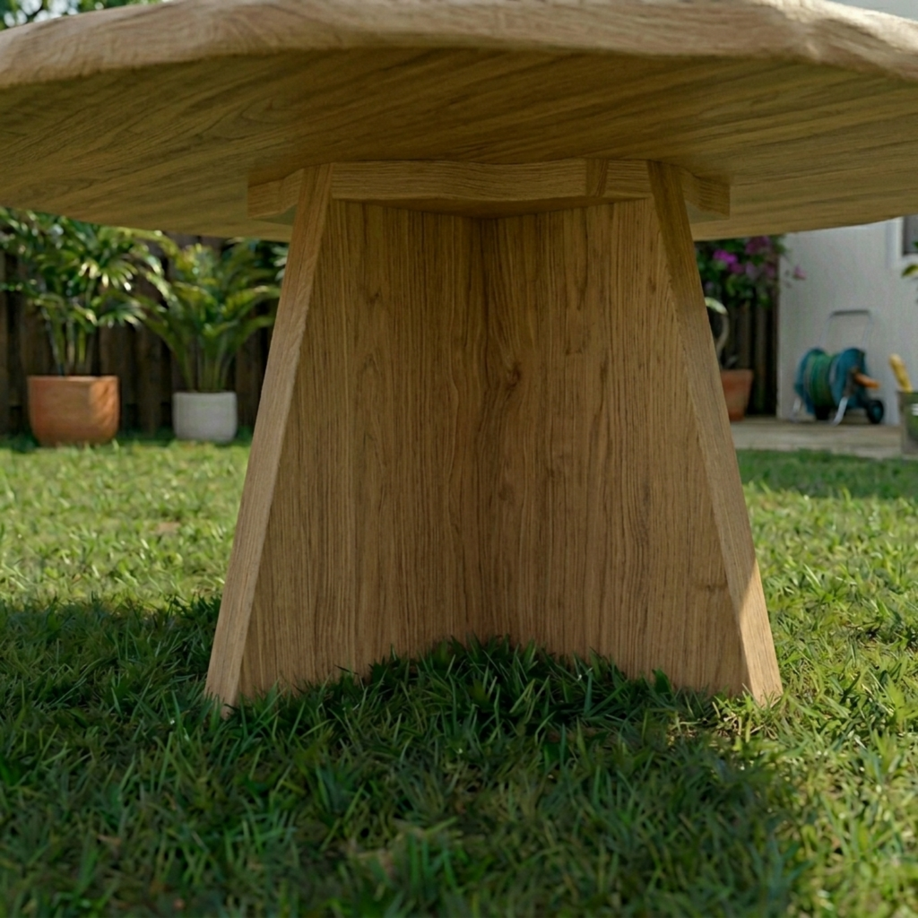 Round Live Edge Solid Wood Outdoor Dining Table with Sculptural Cross Pedestal Base