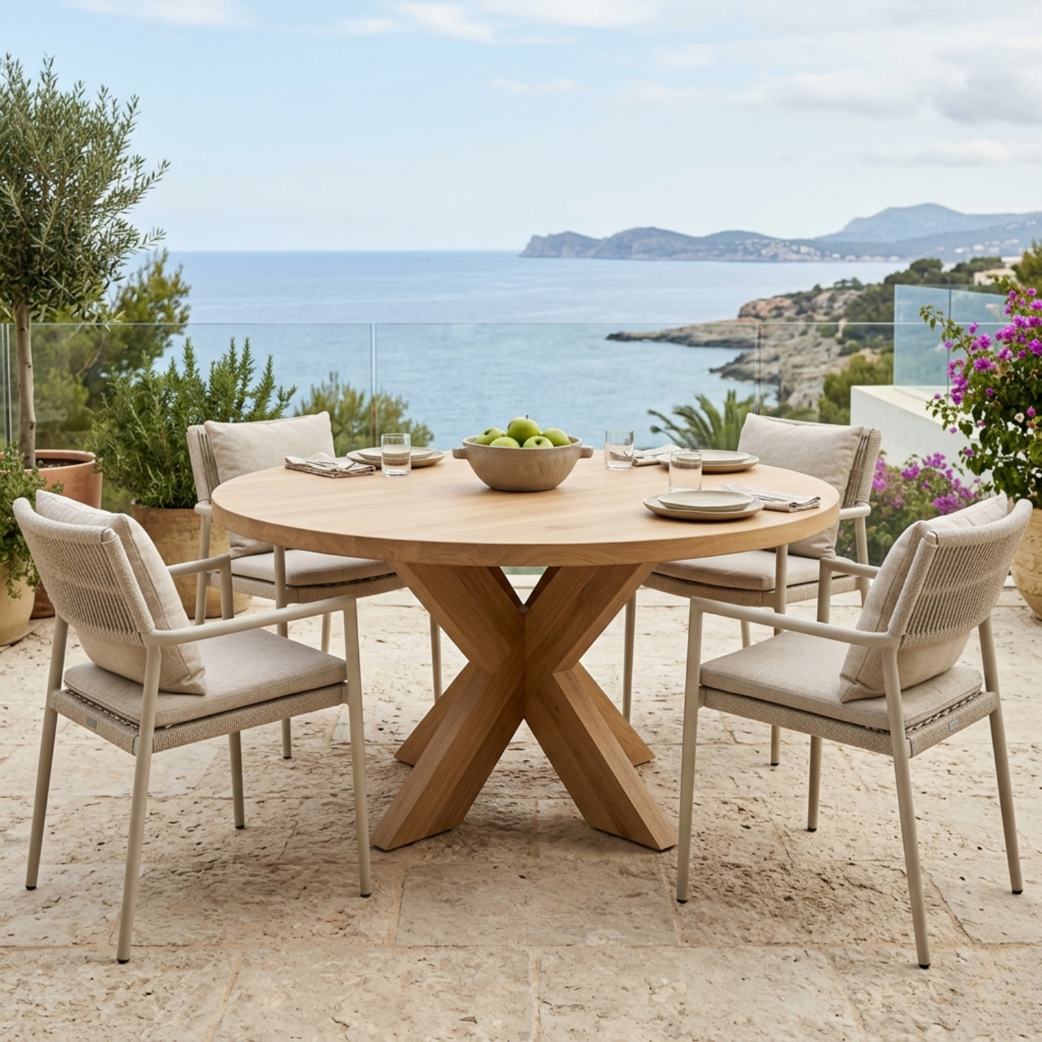 Round Solid Wood Outdoor Dining Table with Sculptural X Pedestal Base