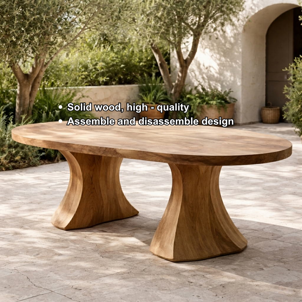 Oval Solid Wood Outdoor Dining Table with Sculpted Pedestal Bases