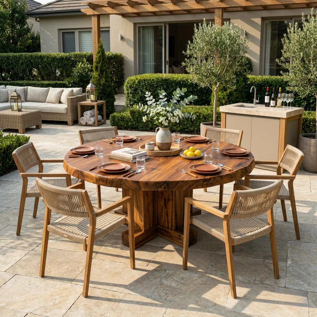 Round Live Edge Solid Wood Outdoor Dining Table with Cross Pedestal Base