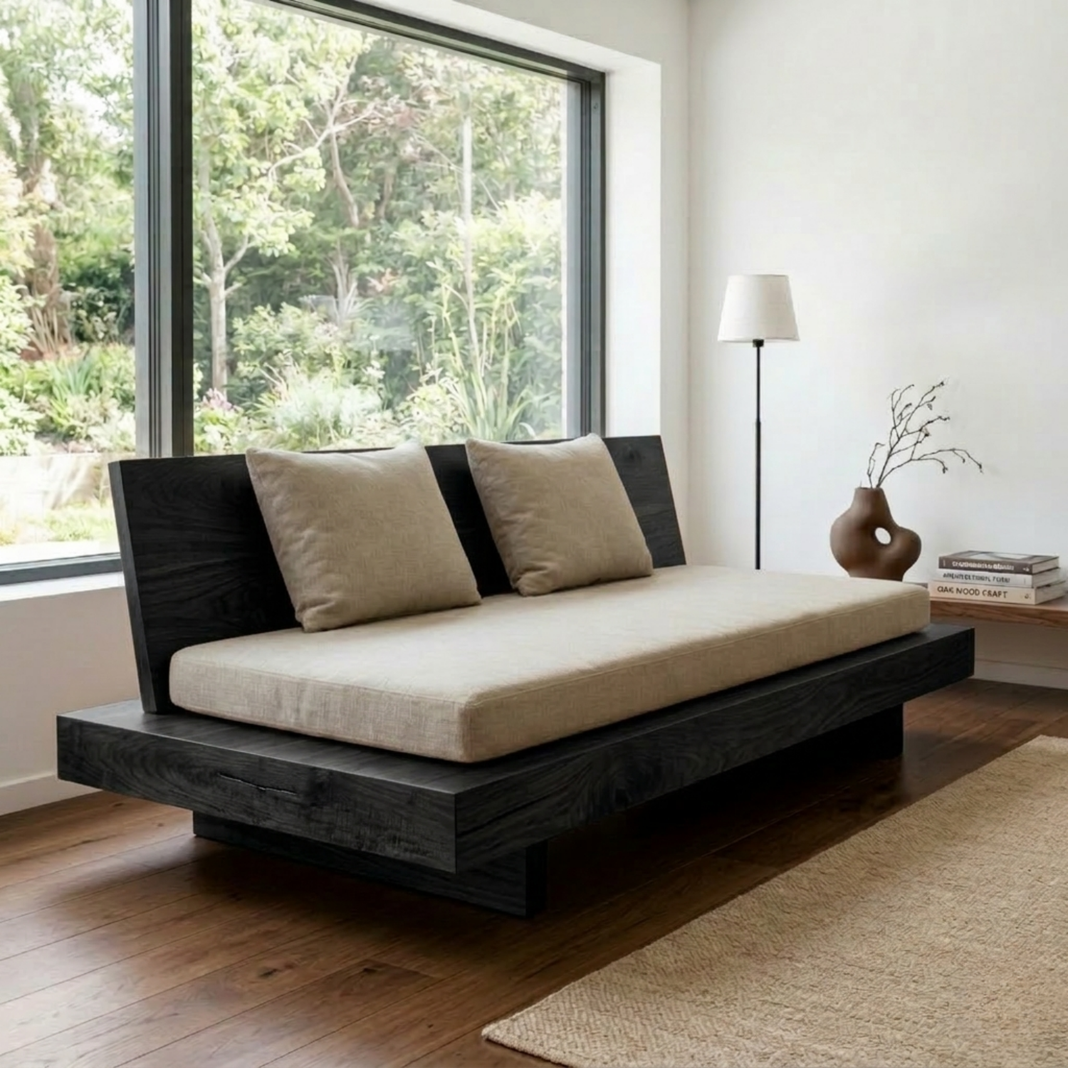 Minimalist Solid Wood Daybed with Platform Base and Angled Backrest – Modern Lounge Sofa