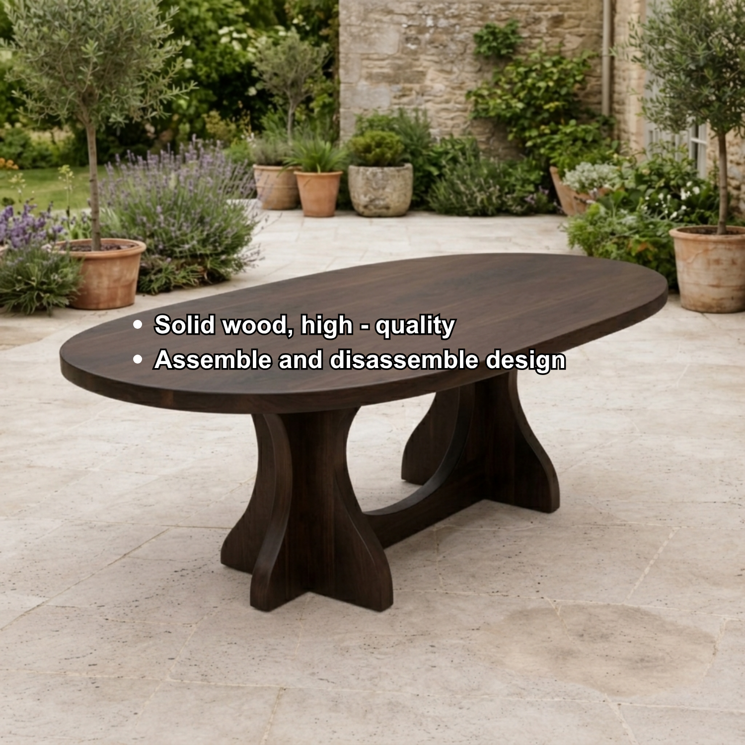 Oval Solid Wood Outdoor Dining Table with Curved Double Pedestal Base