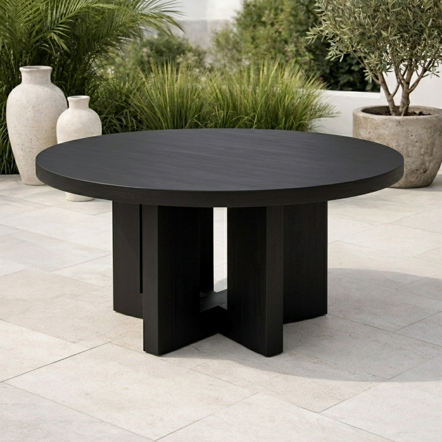 Round Solid Wood Outdoor Dining Table with Architectural Pedestal Base
