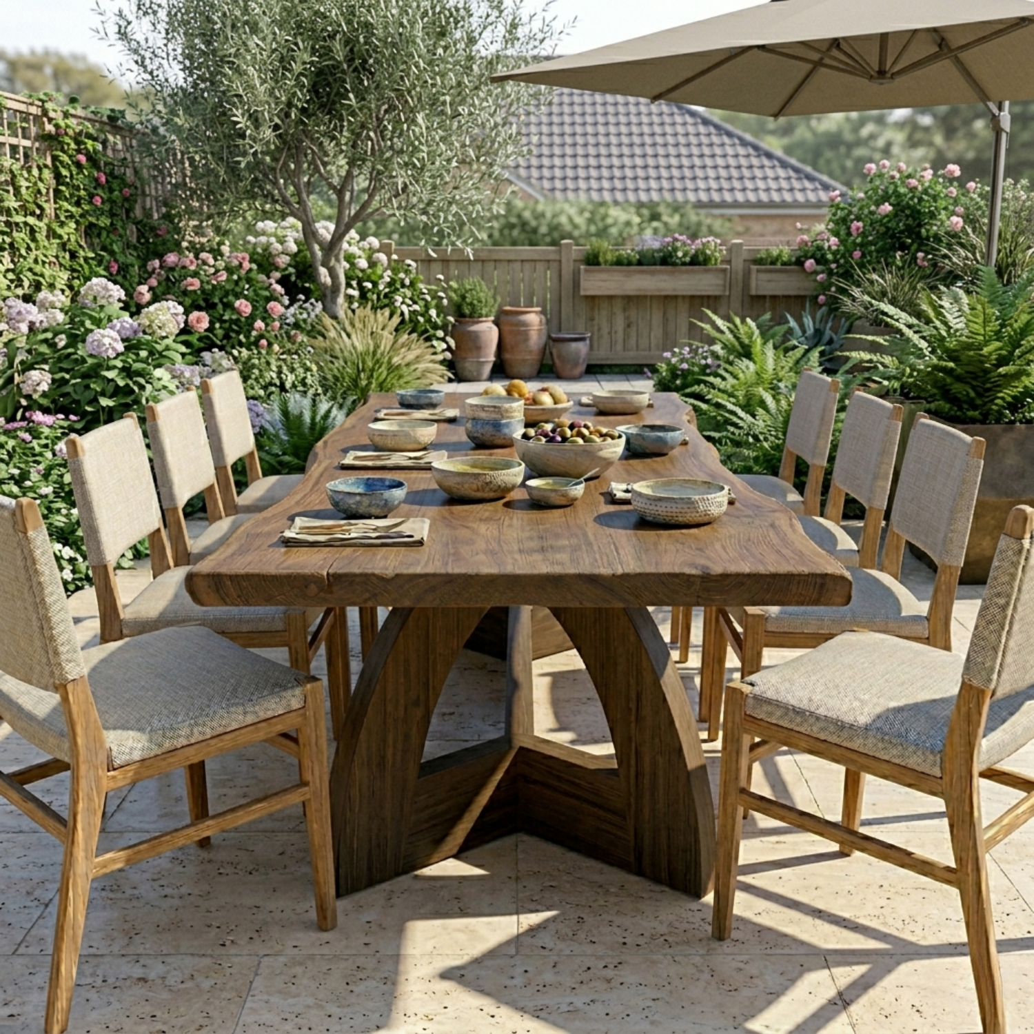 Live Edge Solid Wood Outdoor Dining Table with Sculptural Arch Pedestal Base