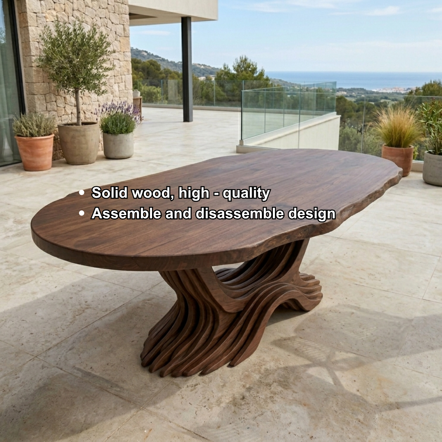 Live Edge Solid Wood Outdoor Dining Table with Sculptural Wave Pedestal Base