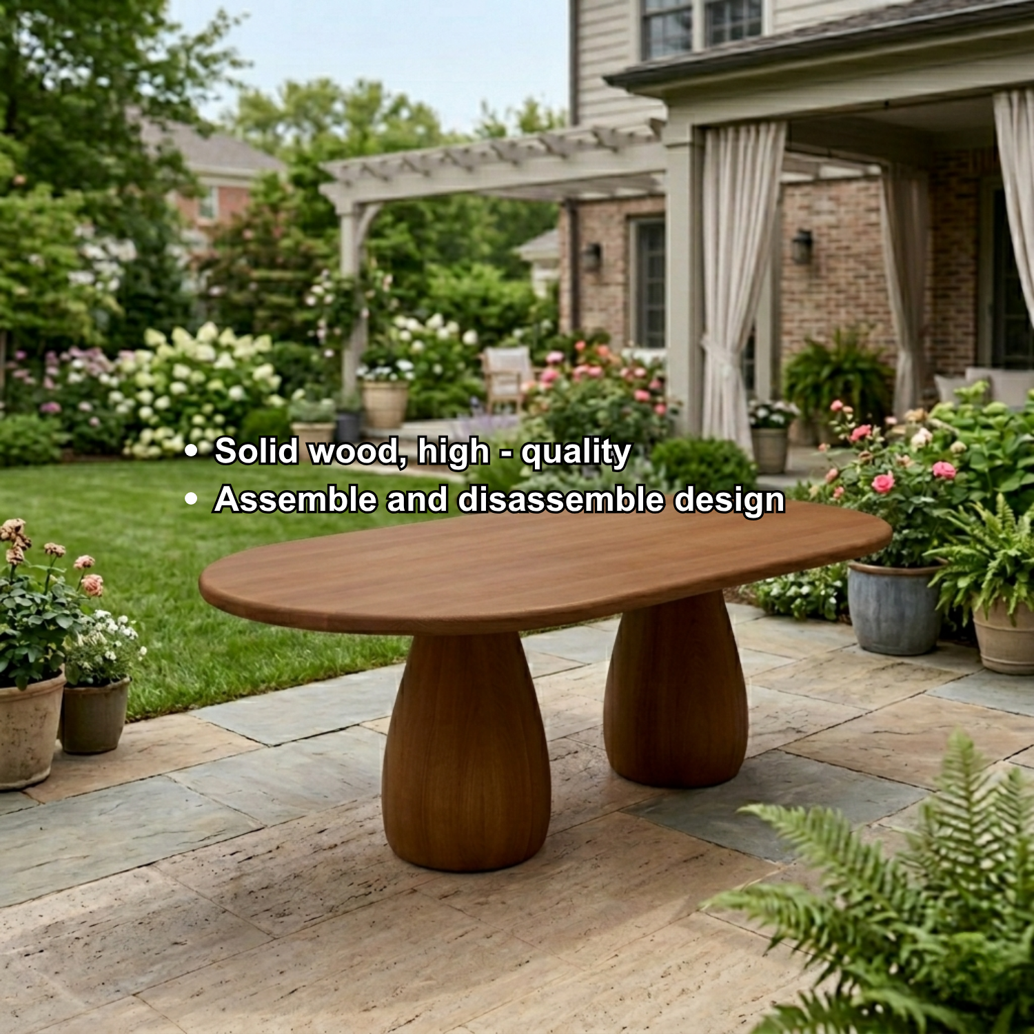 Oval Solid Wood Outdoor Dining Table with Double Rounded Form Base