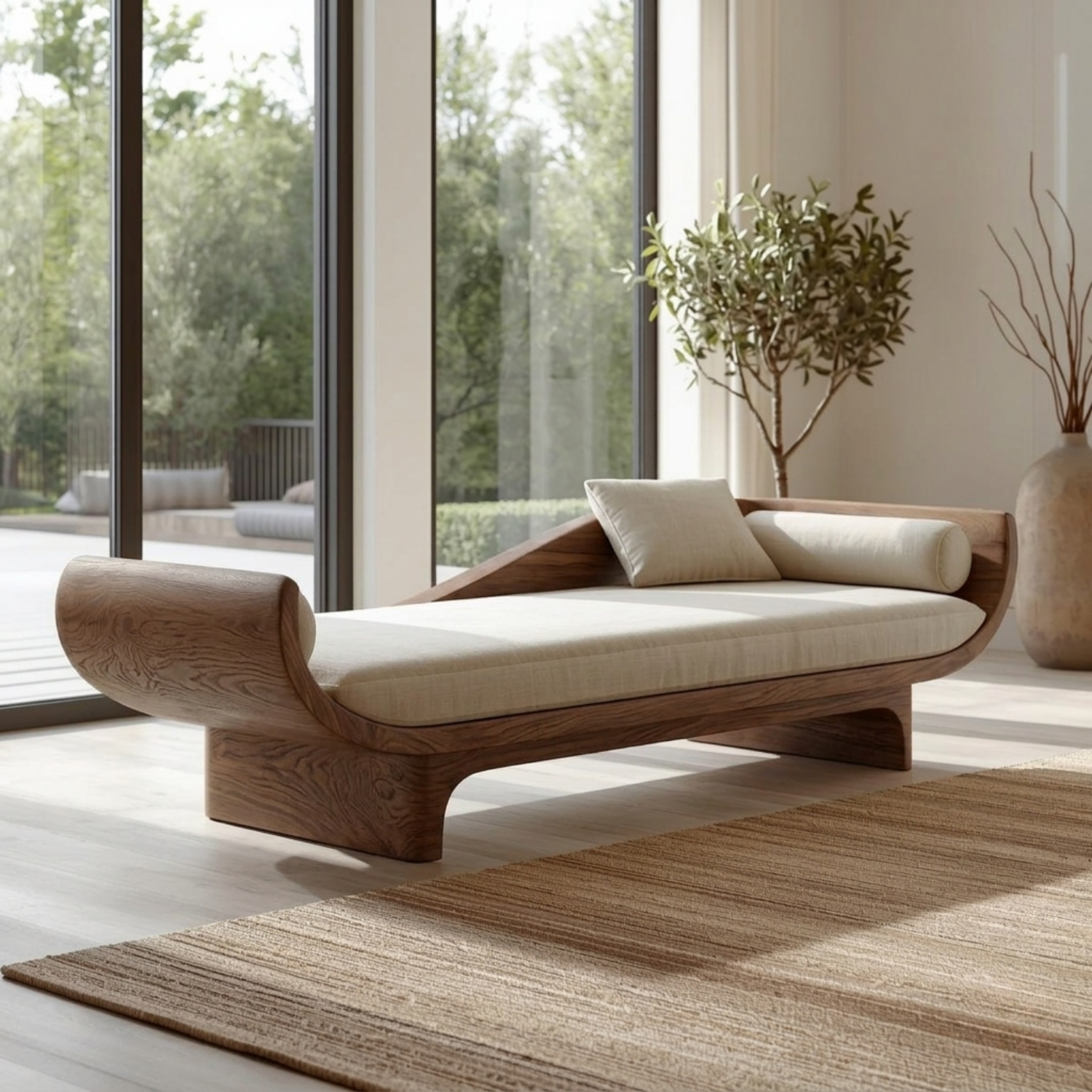 Sculptural Solid Wood Daybed with Curved Ends and Platform Base – Modern Lounge Chaise