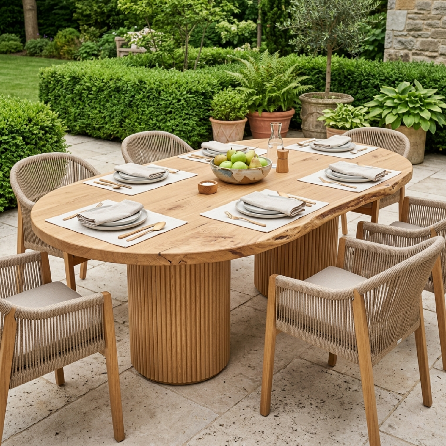 Solid Wood Outdoor Dining Table Oval Sculptural Base Modern Patio Garden Table