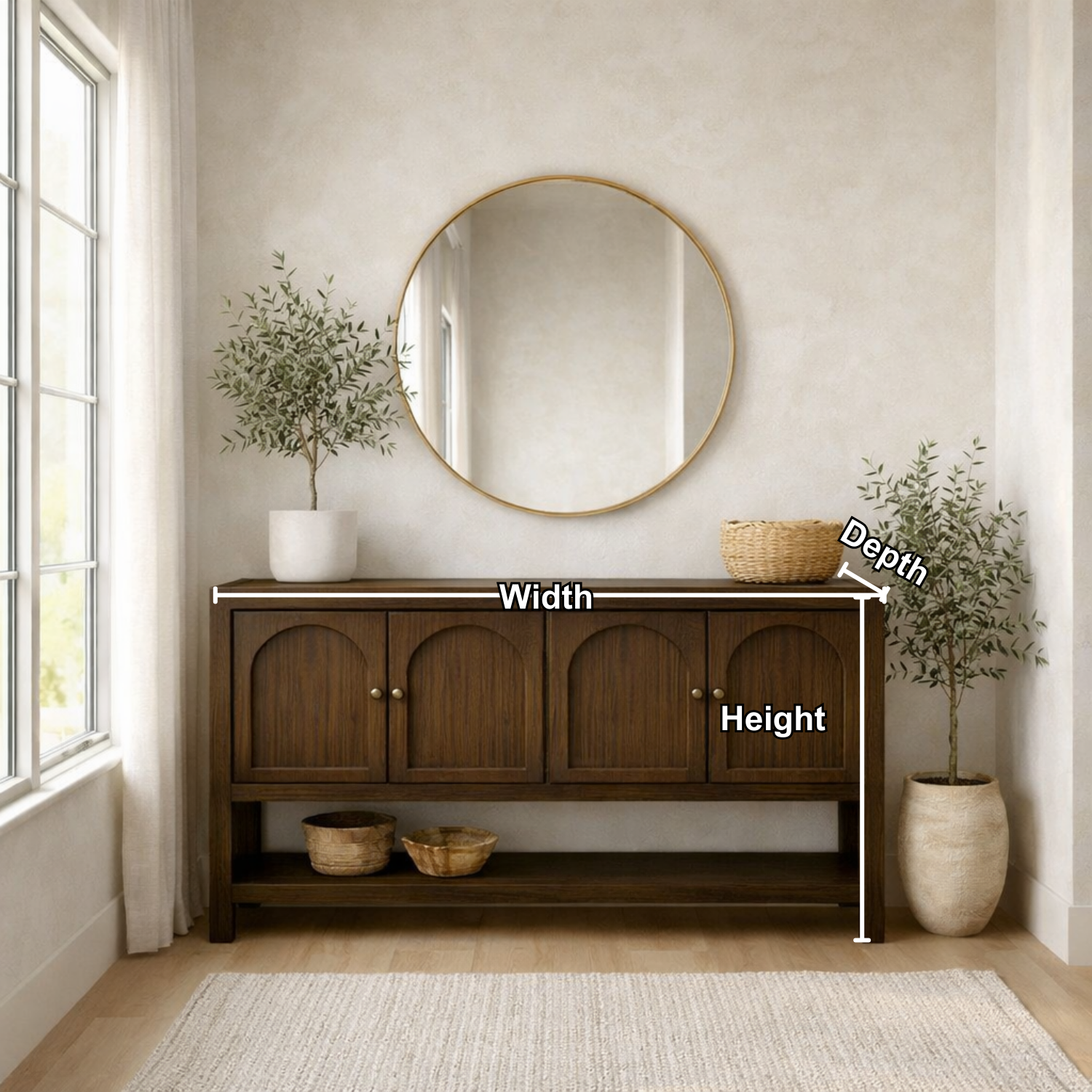 Solid Wood Console Table with Arched Doors – Rustic Storage Sideboard