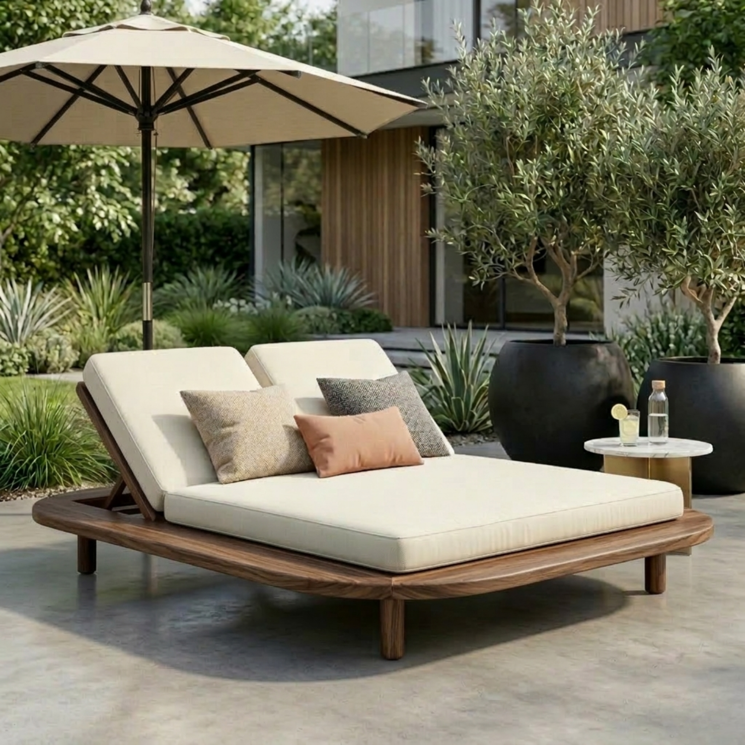 Luxury Solid Wood Double Outdoor Chaise Lounger Frame - Adjustable Resort Daybed