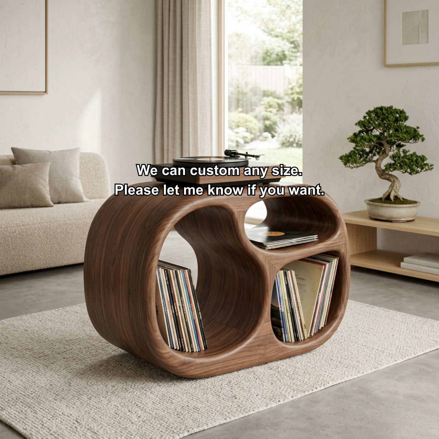 Sculpted Barrel Solid Wood Record Player Stand with Dual Vinyl Storage