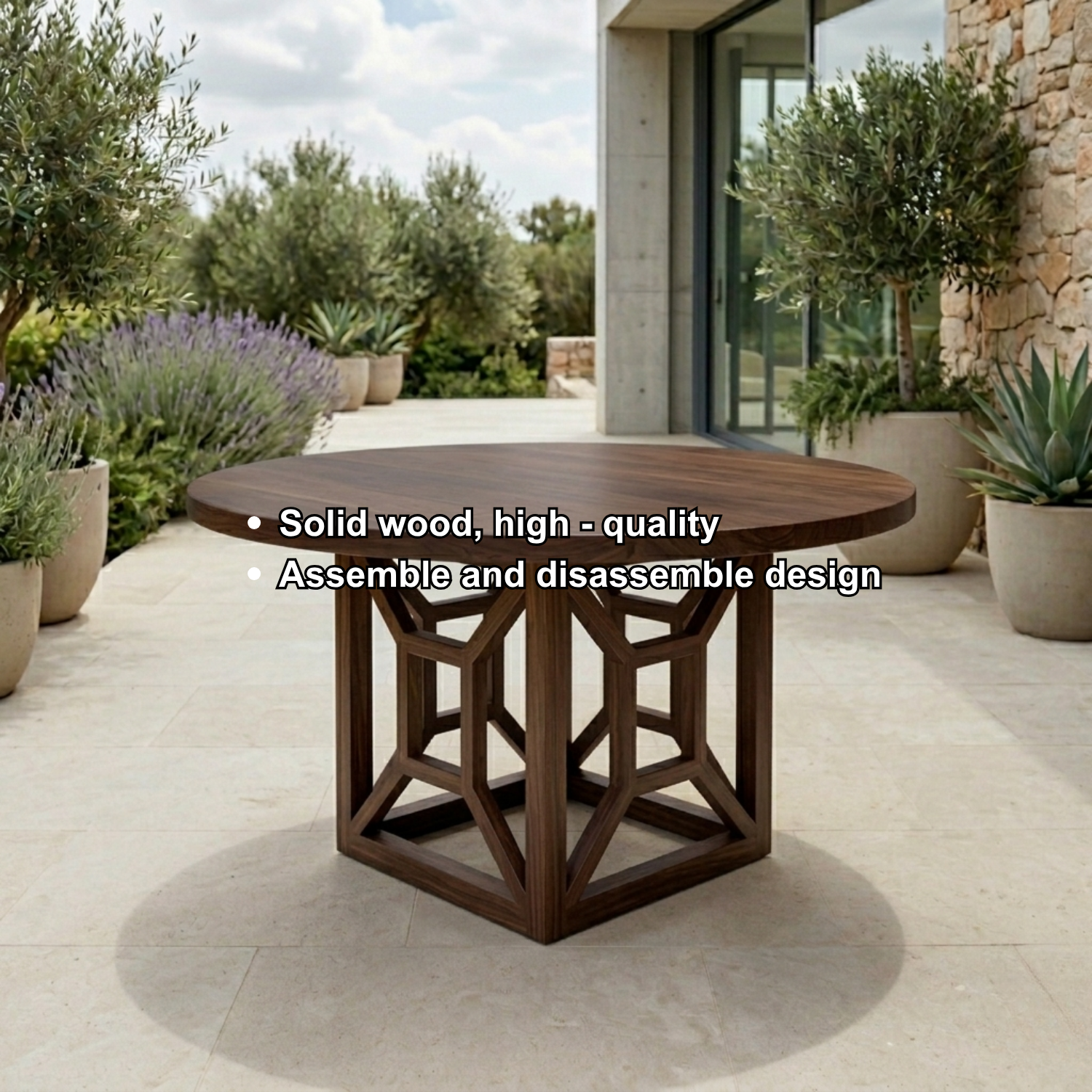 Round Solid Wood Outdoor Dining Table with Geometric Architectural Pedestal Base