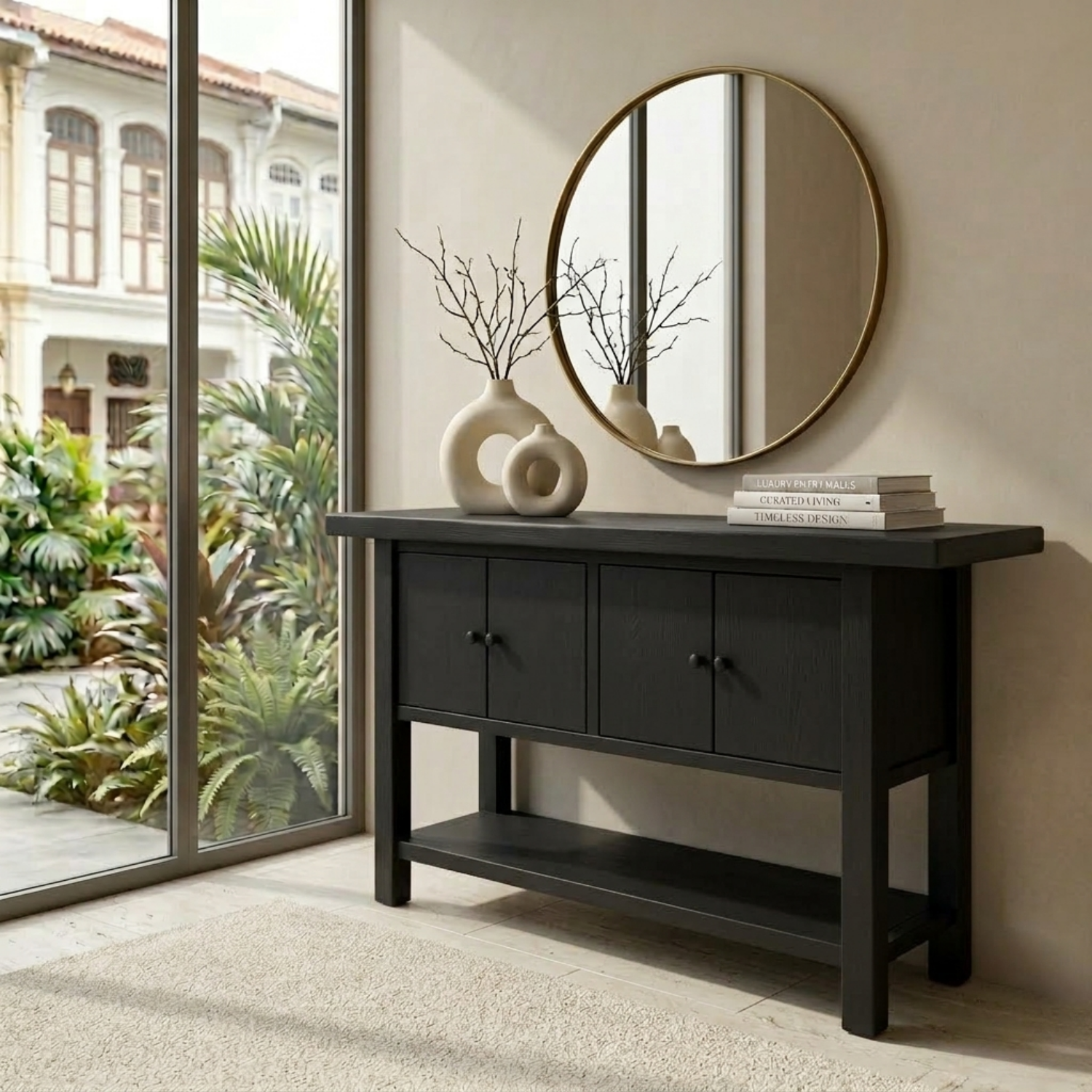 Solid Wood Console Table with Cabinet Doors and Shelf – Rustic Entryway Storage Table