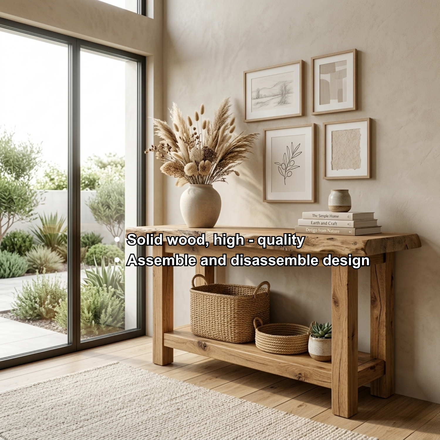Live Edge Solid Wood Console Table with Shelf – Rustic Natural Entryway Table