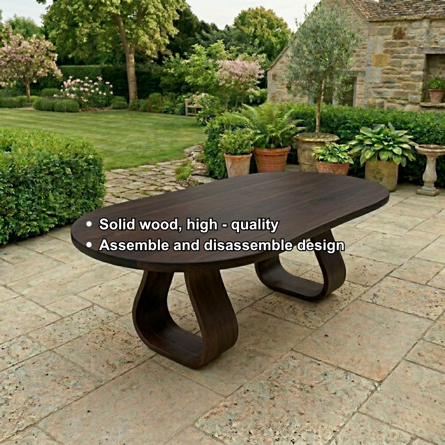 Solid Wood Outdoor Dining Table Oval Top with Sculptural Loop Base