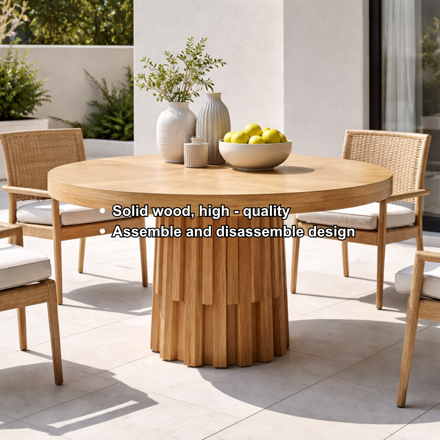 Round Solid Wood Outdoor Dining Table with Fluted Sculptural Pedestal Base