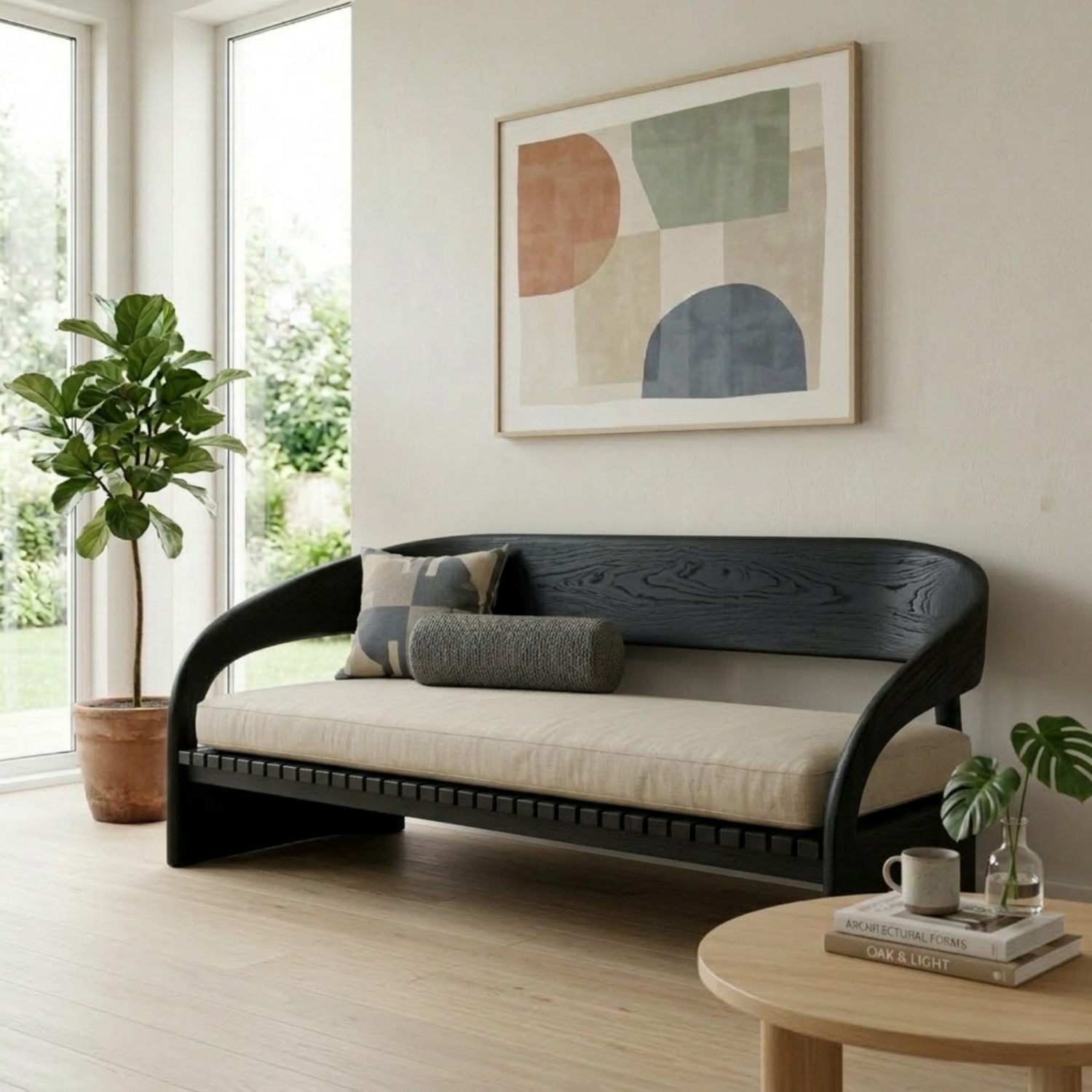 Modern Solid Wood Daybed with Curved Backrest and Upholstered Seat