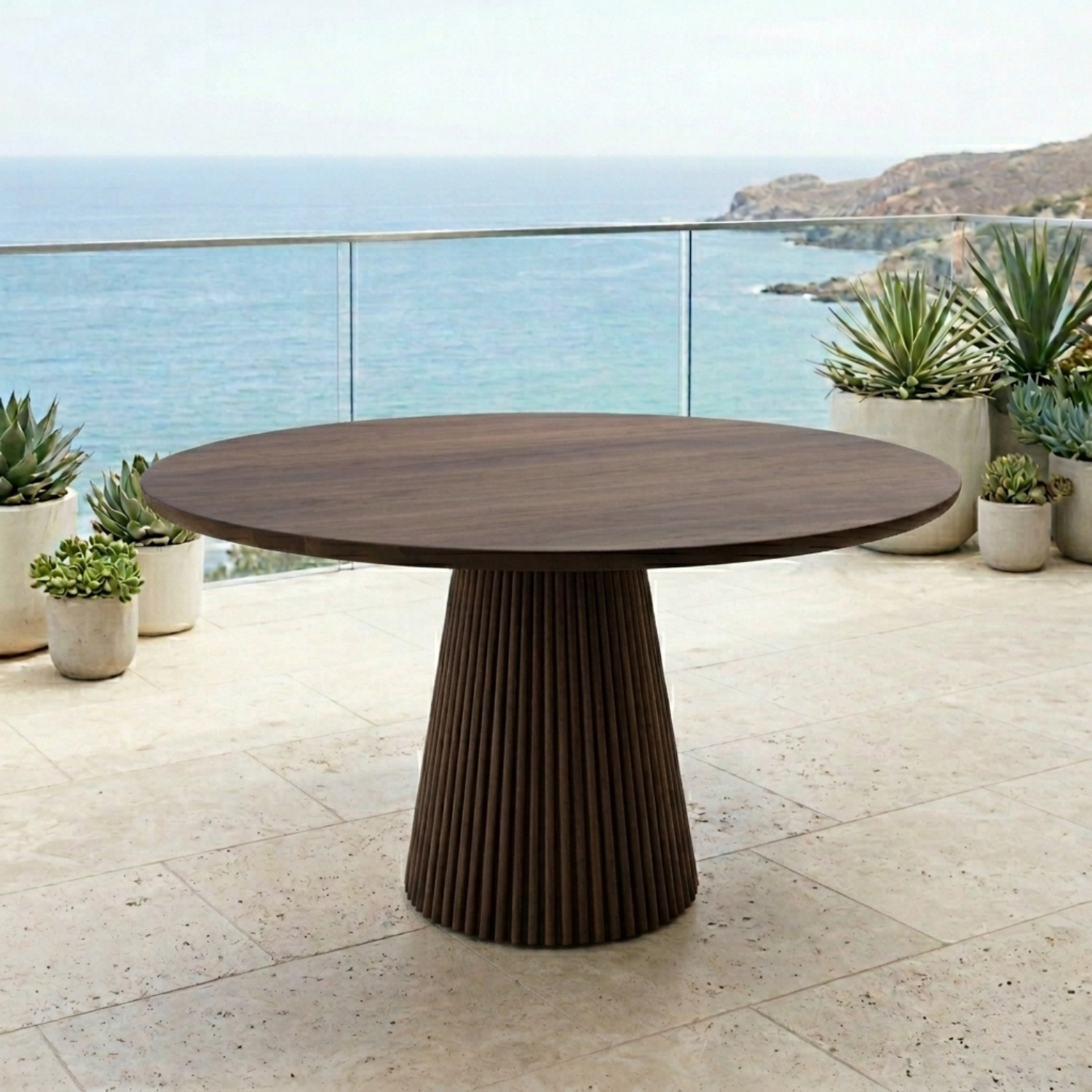 Round Solid Wood Outdoor Dining Table with Fluted Pedestal Base