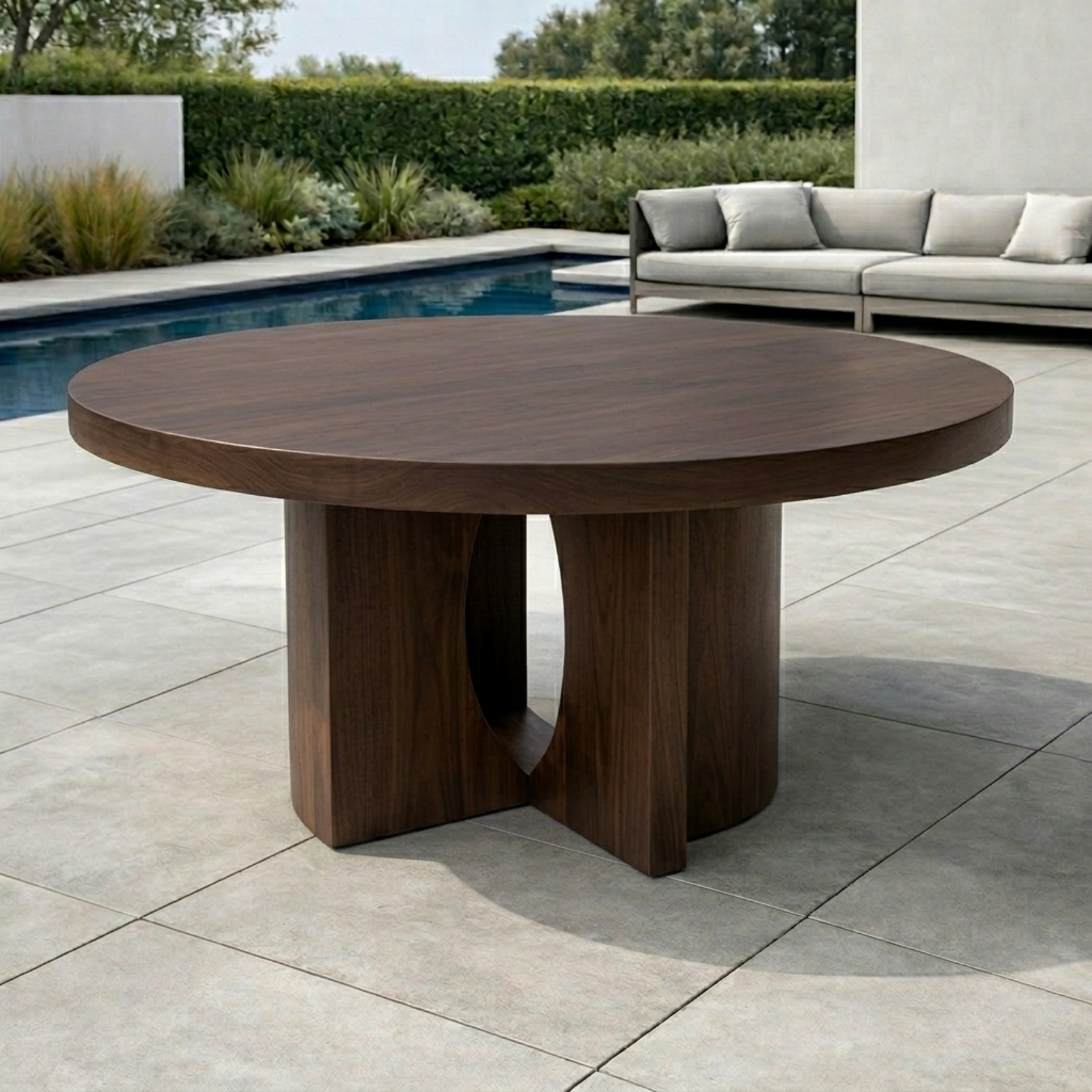 Round Solid Wood Outdoor Dining Table with Sculptural Dual Pedestal Base